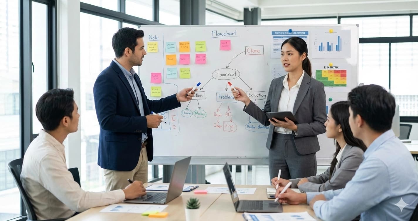 Acheteur professionnel définissant les critères d'évaluation fournisseur sur tableau blanc