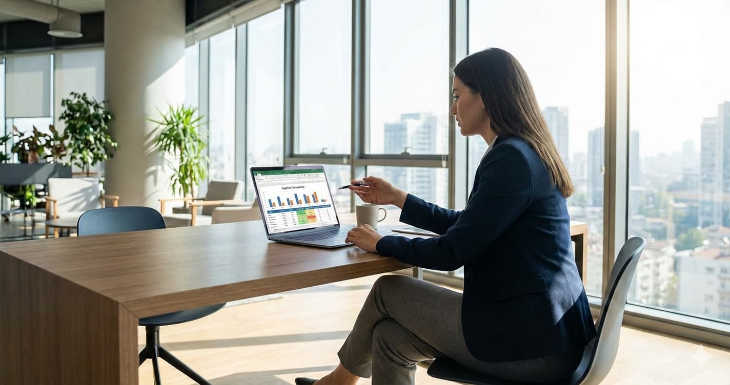 Acheteur analysant grille d'évaluation fournisseur sur ordinateur portable