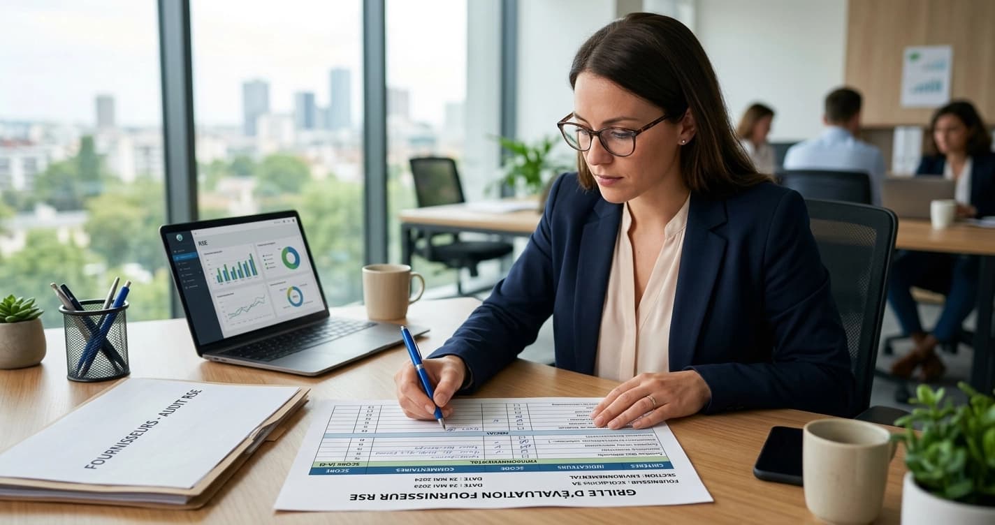 Grille d'évaluation fournisseur RSE — acheteur analysant les critères environnementaux et sociaux