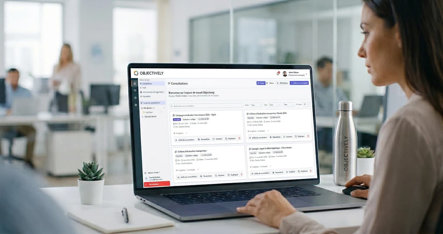 Interface logiciel de notation fournisseur — tableau de scoring multicritère avec pondération