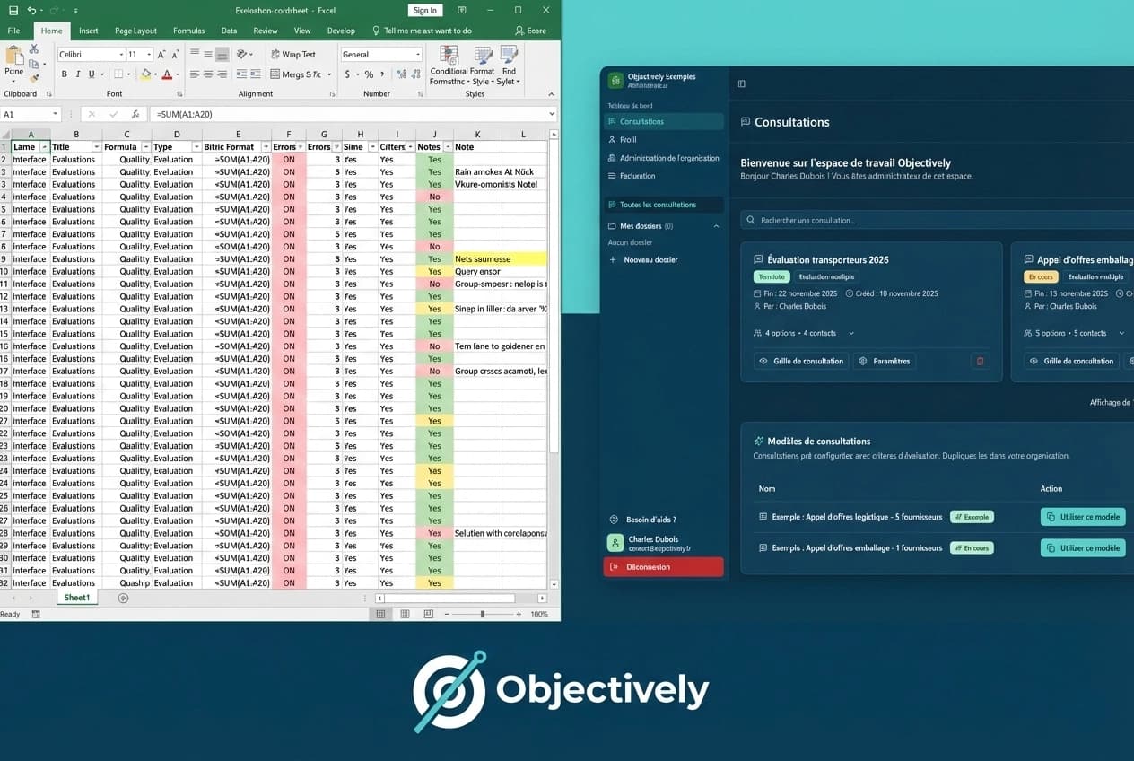 Comparaison interface Excel vs logiciel évaluation fournisseur moderne