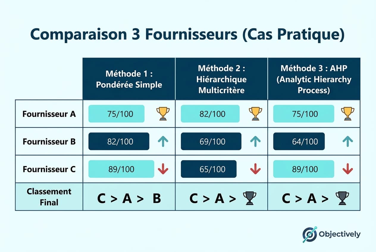 Comparaison visuelle des 3 méthodes de scoring fournisseur : additif, pondéré, normalisé