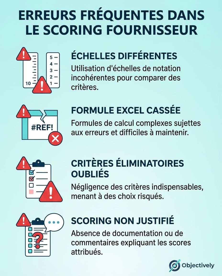 Infographie des 4 erreurs fréquentes à éviter dans le calcul de scoring fournisseur