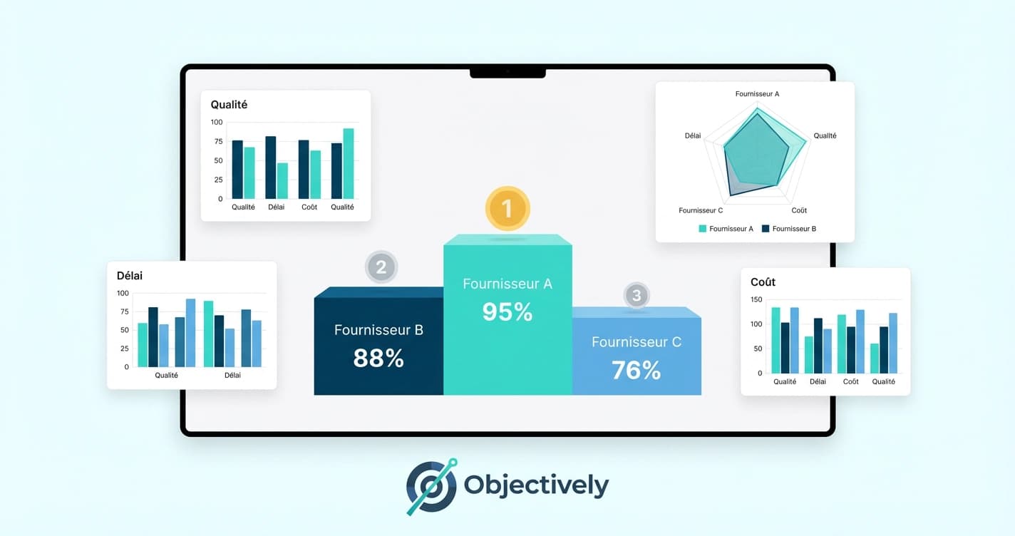 Tableau de bord de scoring fournisseur avec classement et visualisation des scores
