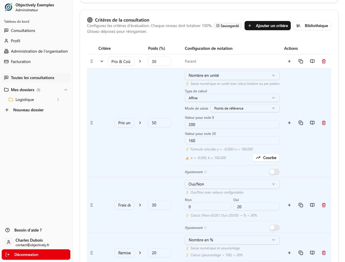 Création de grille d'évaluation Objectively - Définition des critères et pondérations