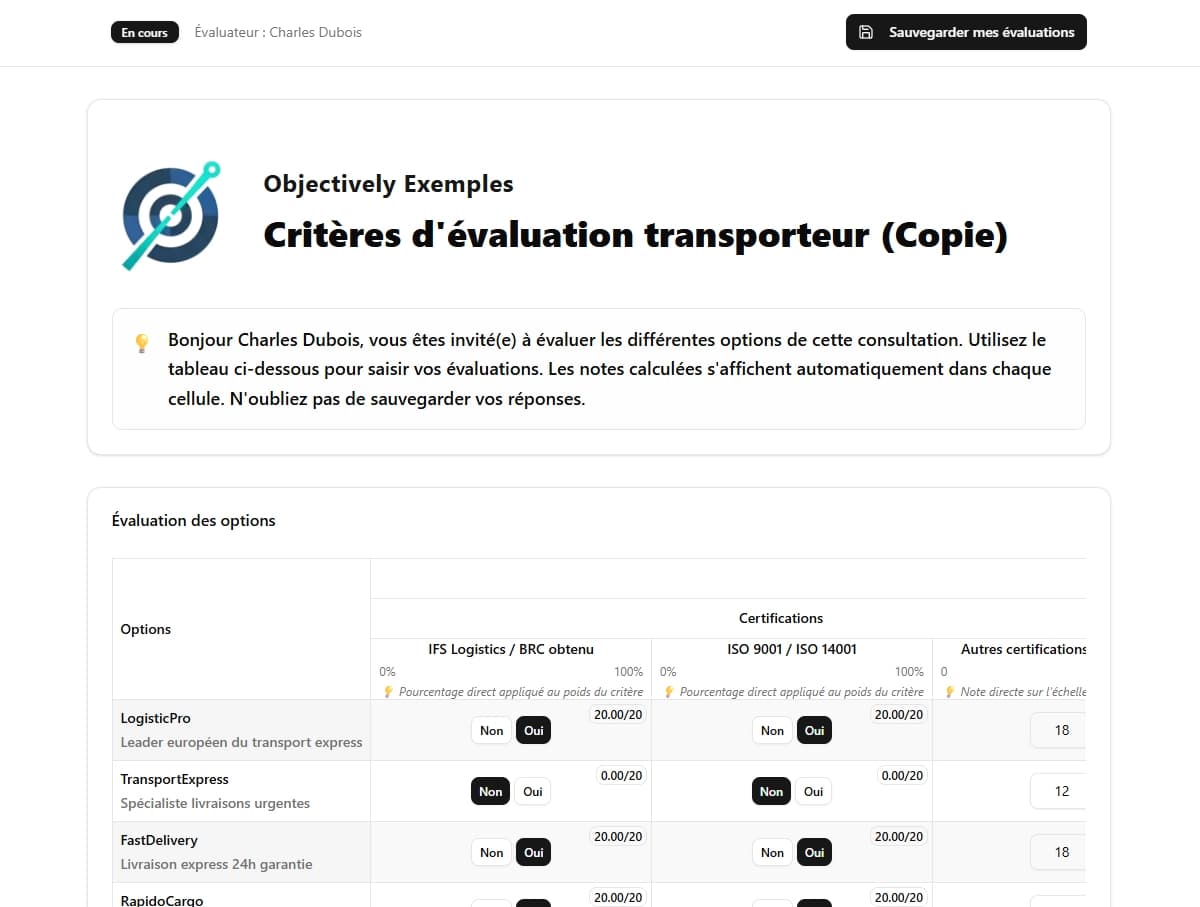 Interface d'évaluation collaborative Objectively - Formulaire de notation multi-critères avec commentaires