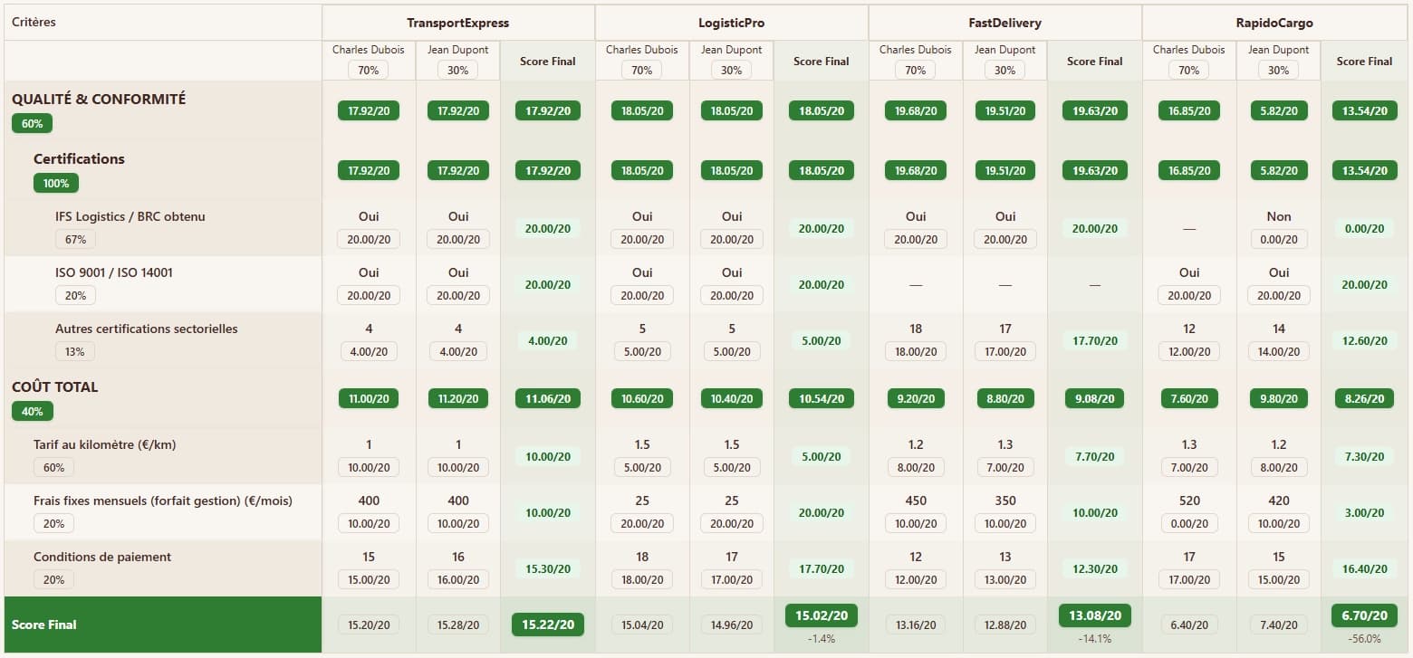 Exemple de grille d'évaluation fournisseur avec pondération automatique