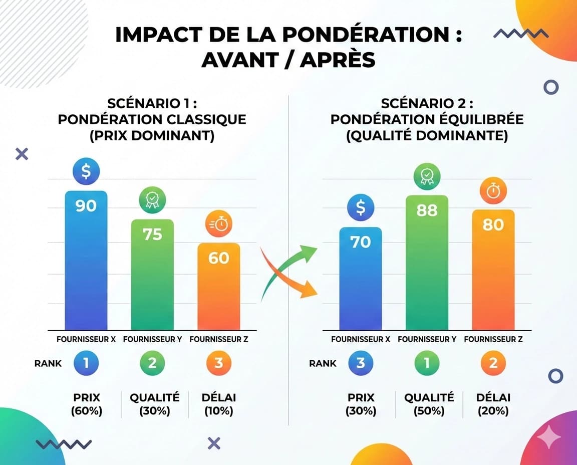 Impact de la pondération sur le classement final des fournisseurs - exemple chiffré